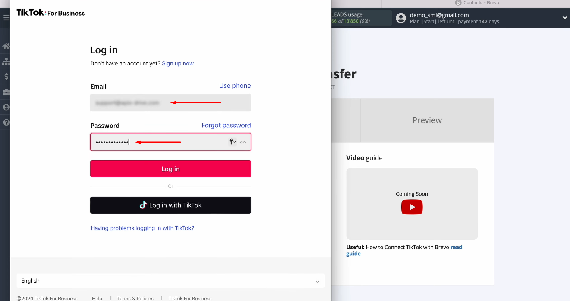 Enter the credentials for your TikTok personal account Enter the credentials for your TikTok personal account