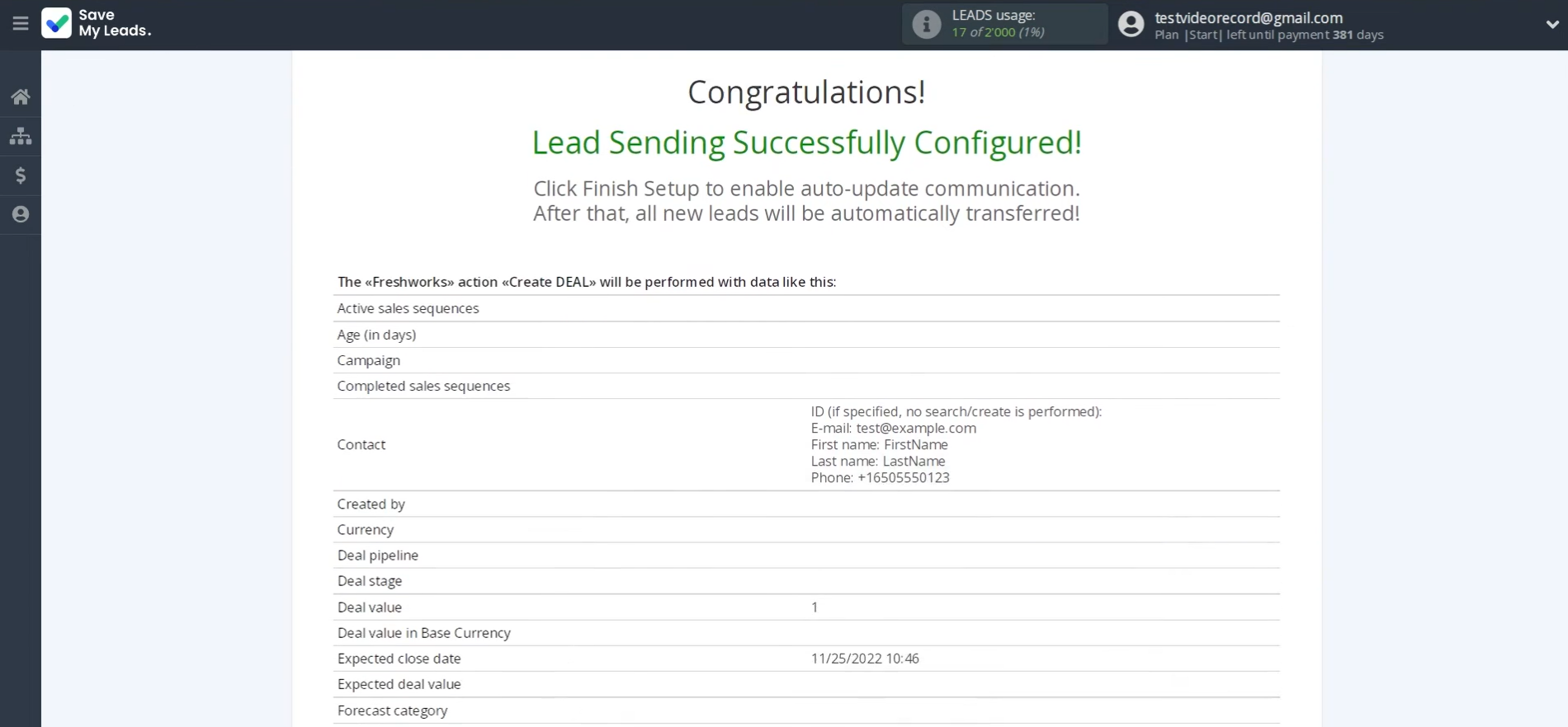 Example of the data that will be sent to your Freshworks account