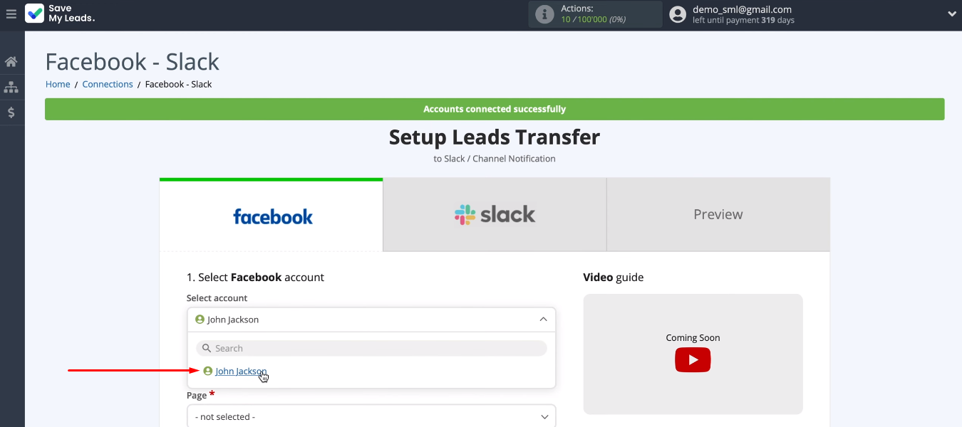 Facebook and Slack integration | Select the Facebook account Facebook and Slack integration | Select the Facebook account