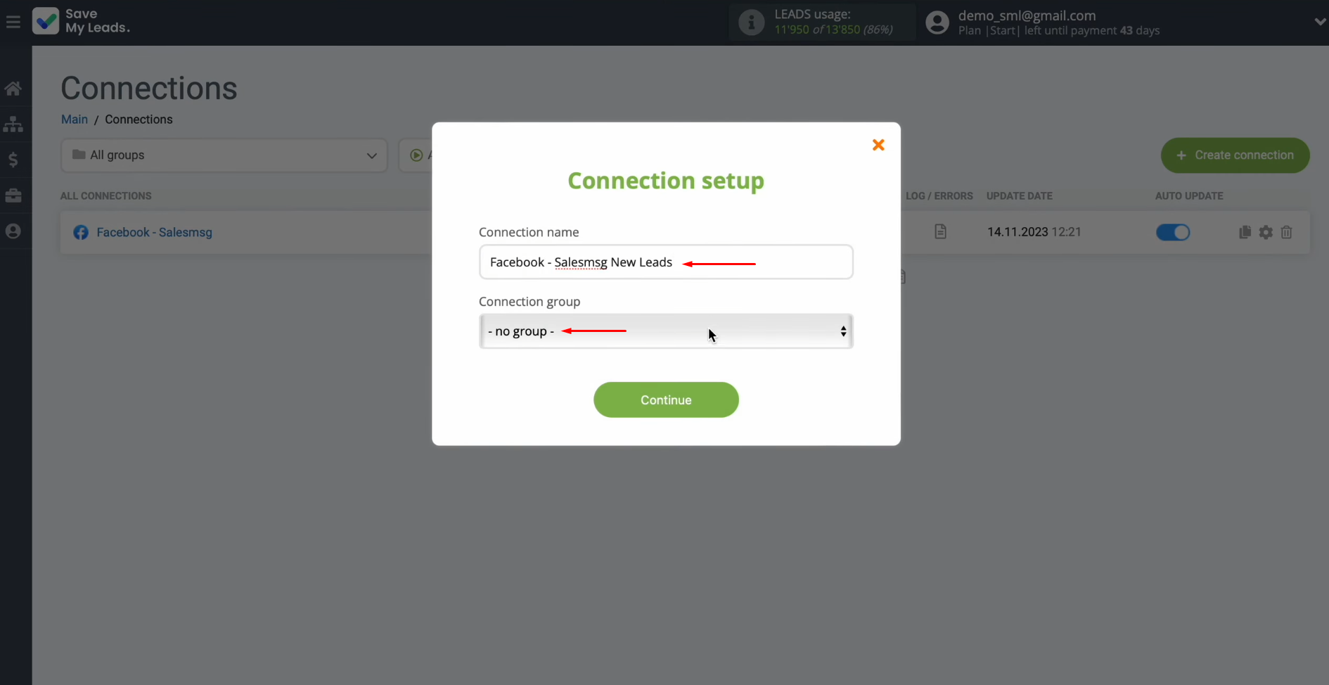 Salesmsg and Facebook integration | Change the connection name and add it to the group Salesmsg and Facebook integration | Change the connection name and add it to the group