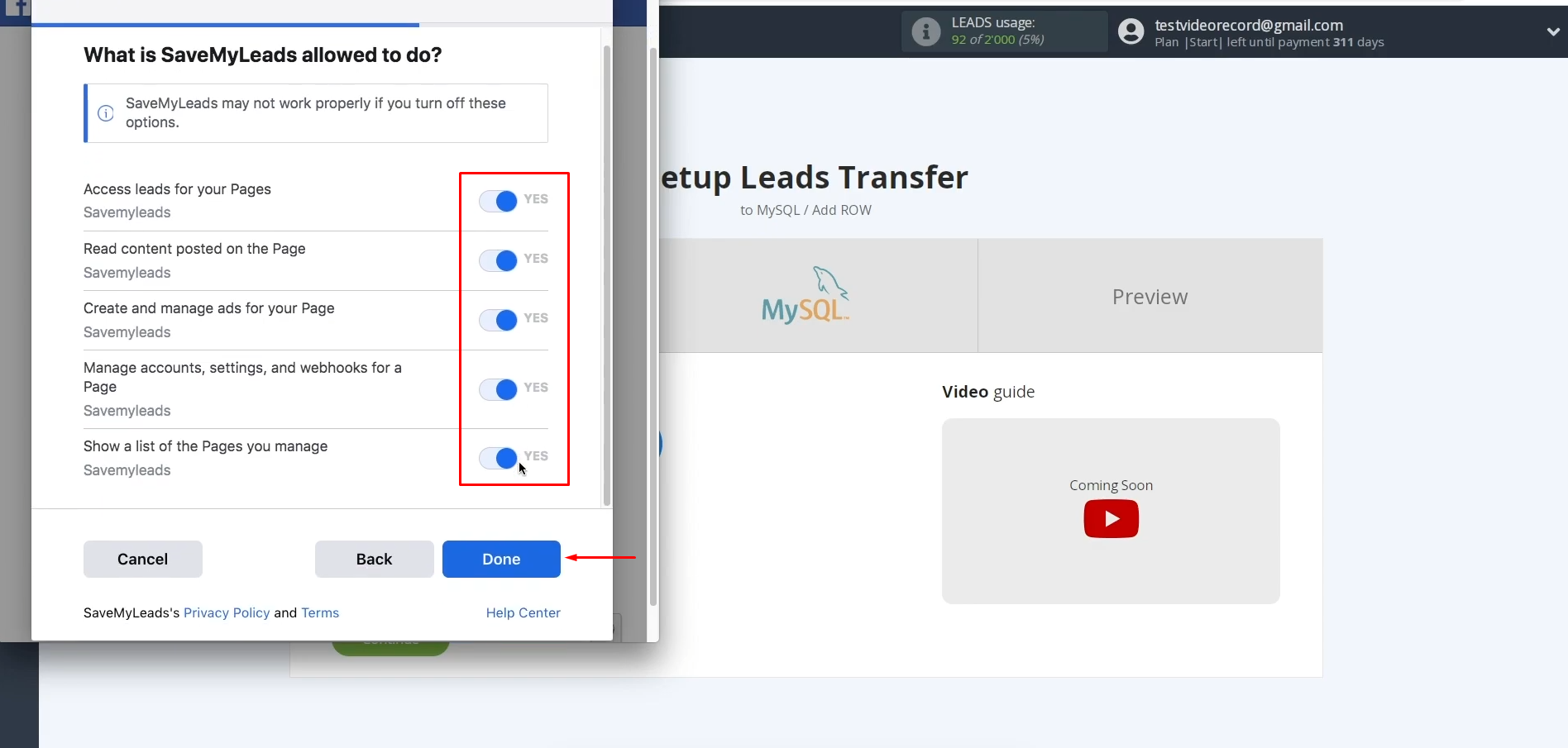 MySQL and Facebook integration | Leave all access checkboxes enabled MySQL and Facebook integration | Leave all access checkboxes enabled