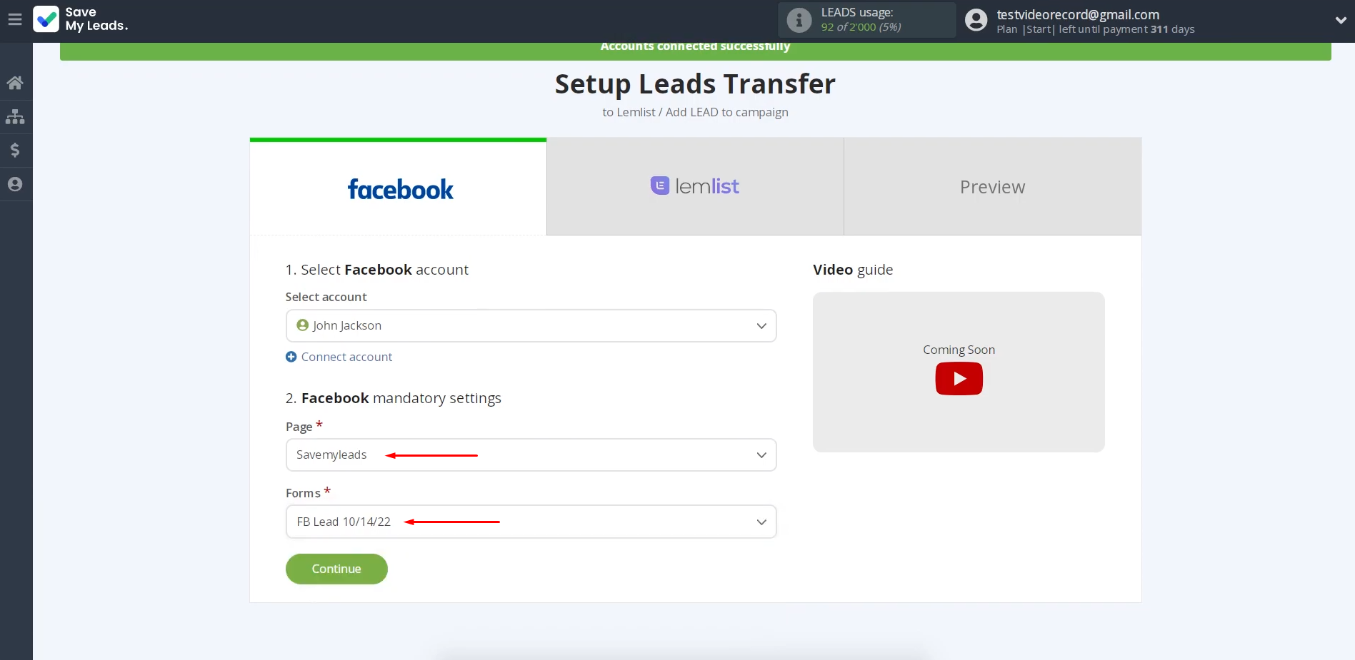 Facebook and Lemlist integration | Select the advertising page and form Facebook and Lemlist integration | Select the advertising page and form
