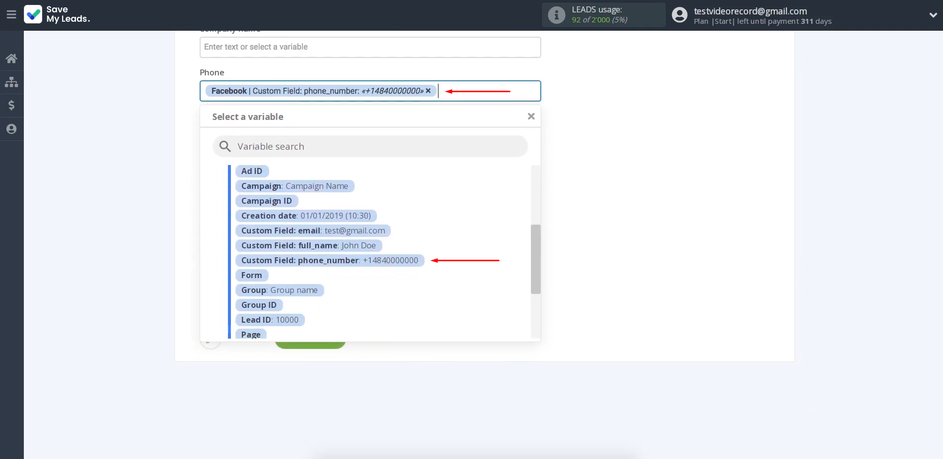 Facebook and Lemlist integration | Assign variables that will be received from Facebook Facebook and Lemlist integration | Assign variables that will be received from Facebook