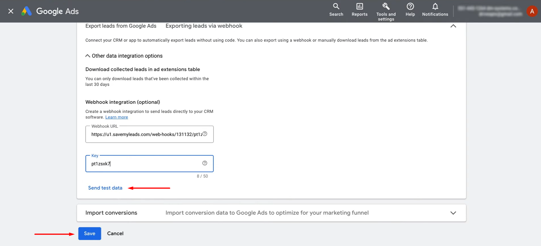 Send test data and save the changes