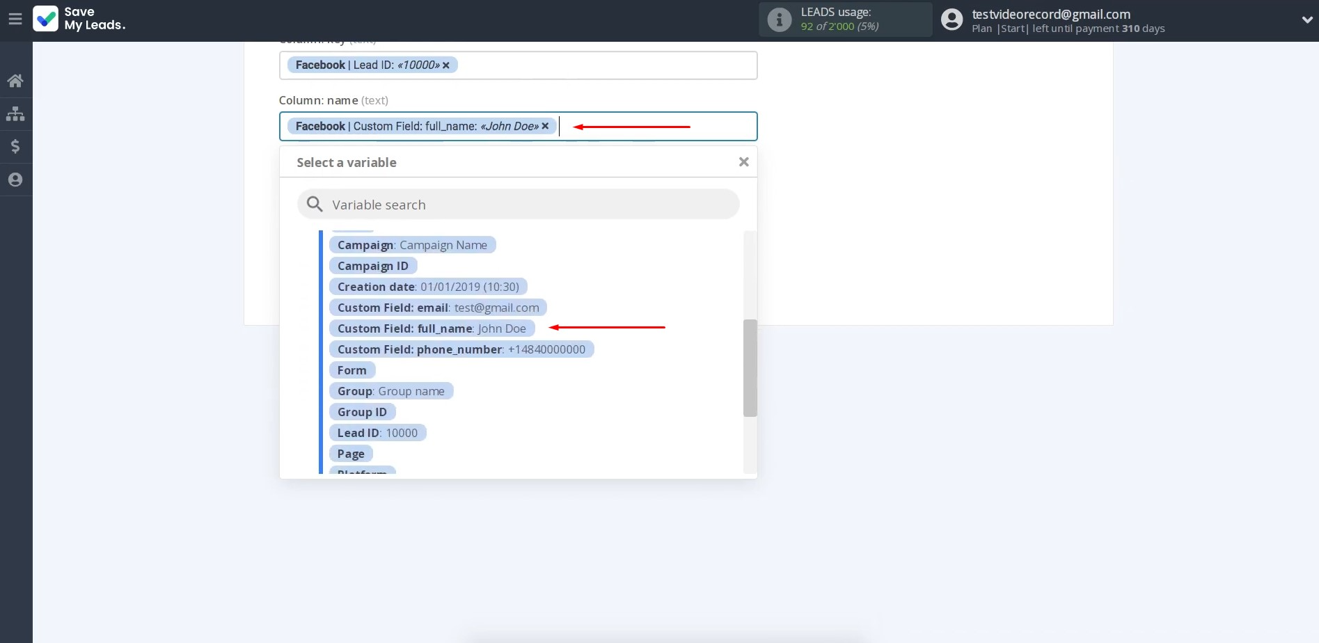 Facebook and PostgreSQL integration | Assign variables from the drop-down list Facebook and PostgreSQL integration | Assign variables from the drop-down list