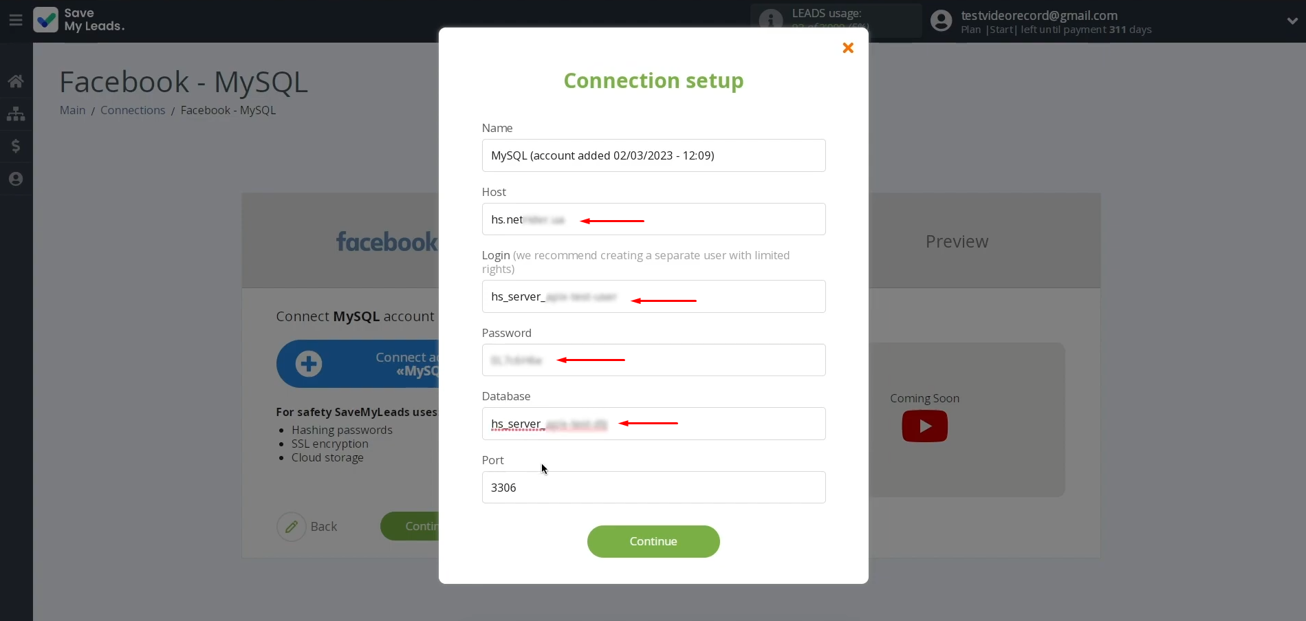 MySQL and Facebook integration | Specify the host, login, password, name of the database, and port MySQL and Facebook integration | Specify the host, login, password, name of the database, and port