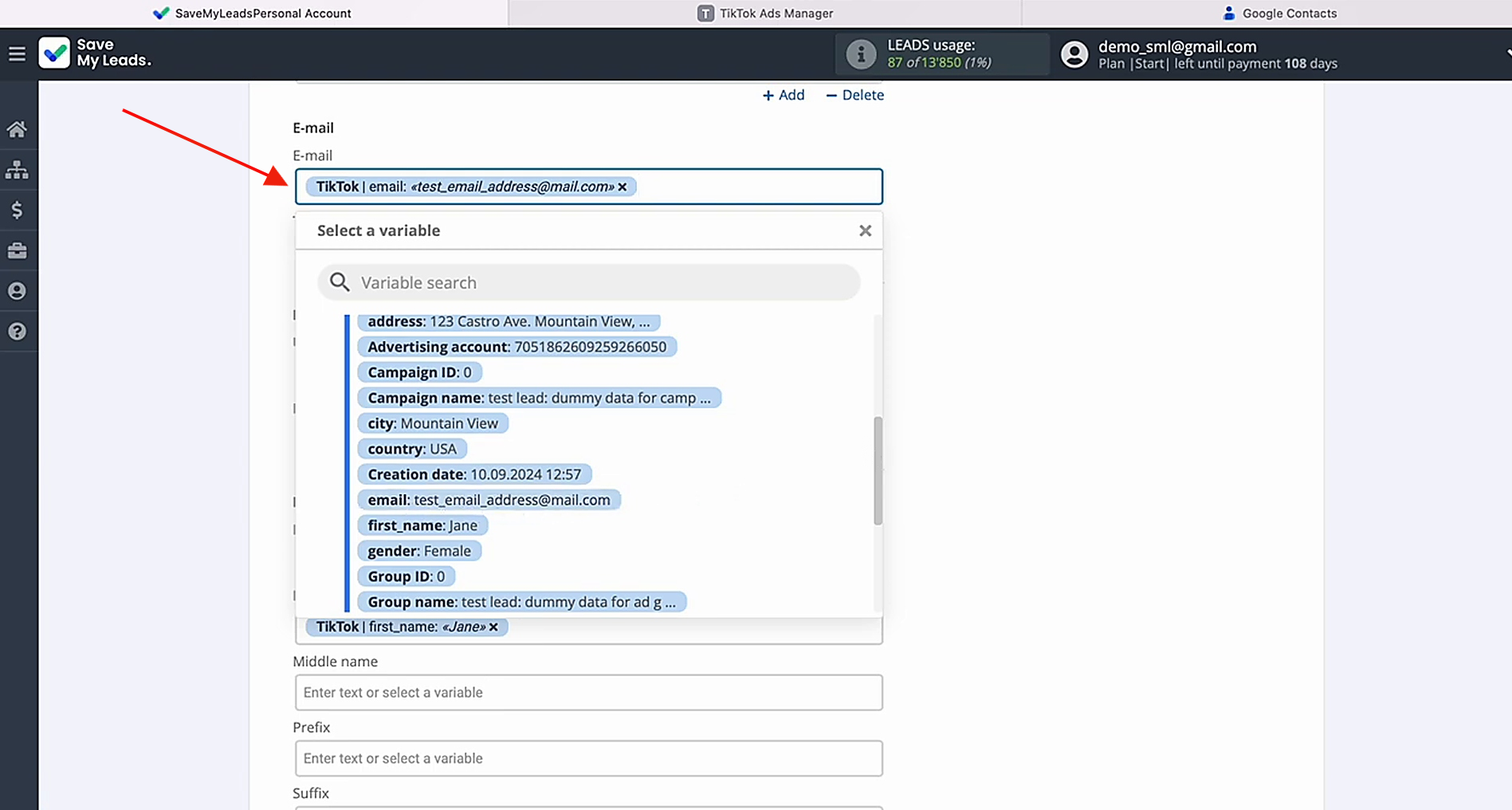 Map variables from TikTok to Google Contacts fields Map variables from TikTok to Google Contacts fields