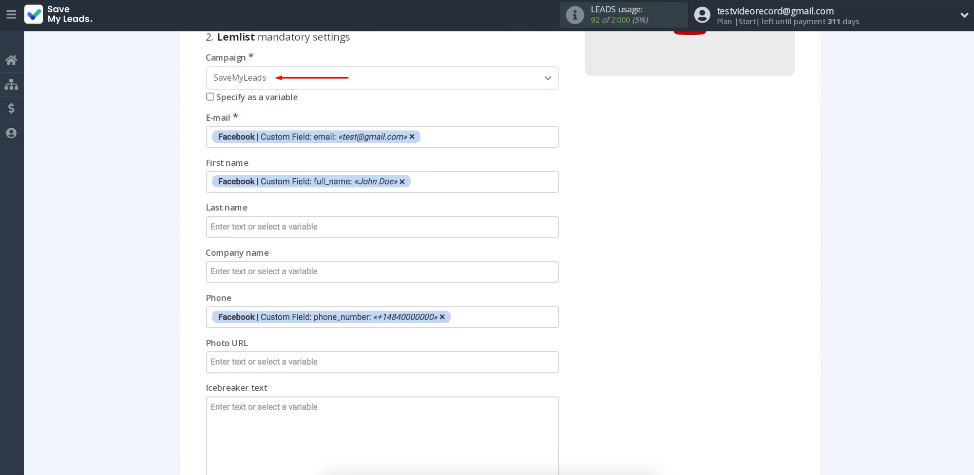 Facebook and Lemlist integration | Specify the campaign Facebook and Lemlist integration | Specify the campaign