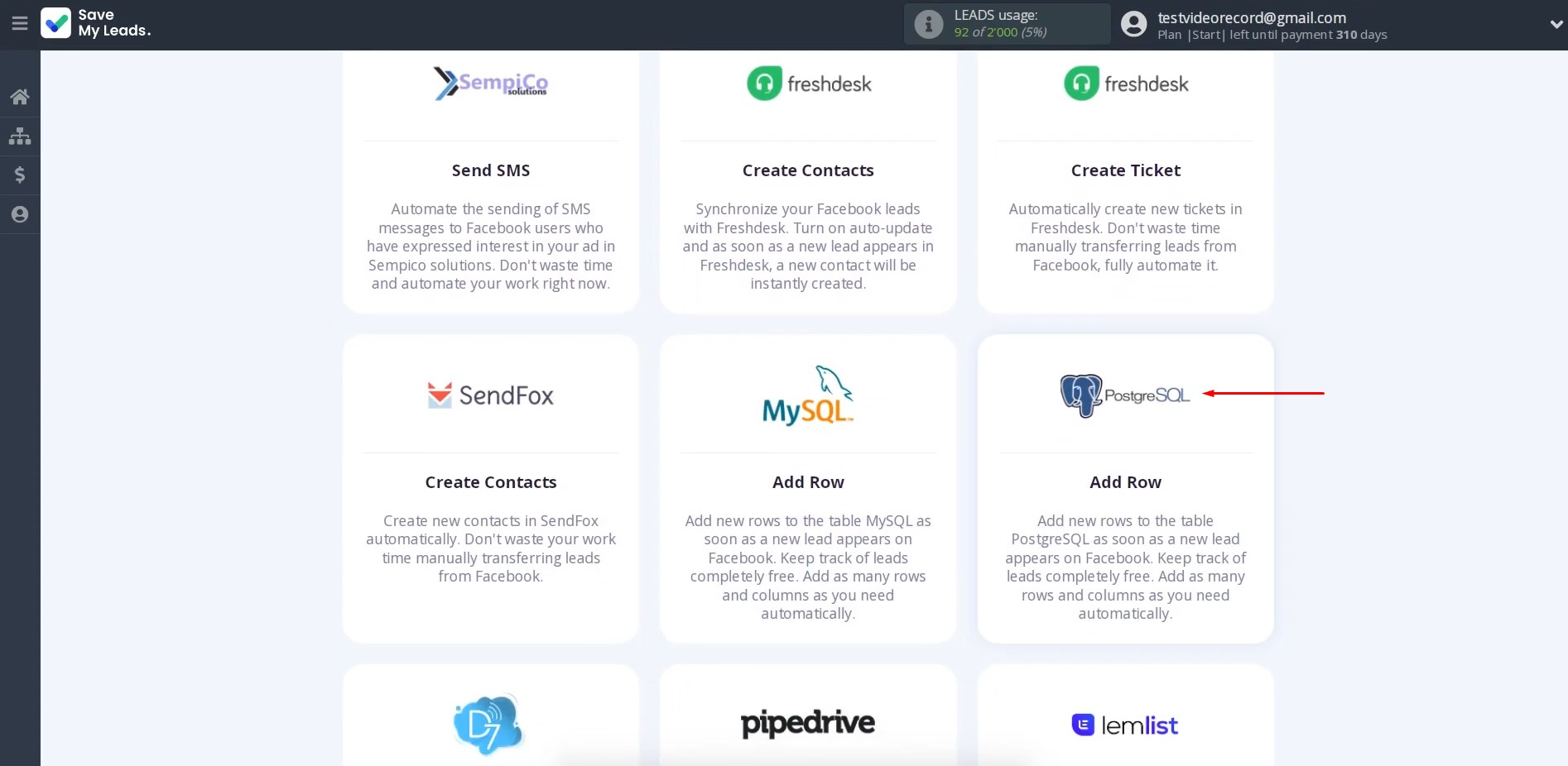 Facebook and PostgreSQL integration | Choose PostgreSQL (Add Row) Facebook and PostgreSQL integration | Choose PostgreSQL (Add Row)