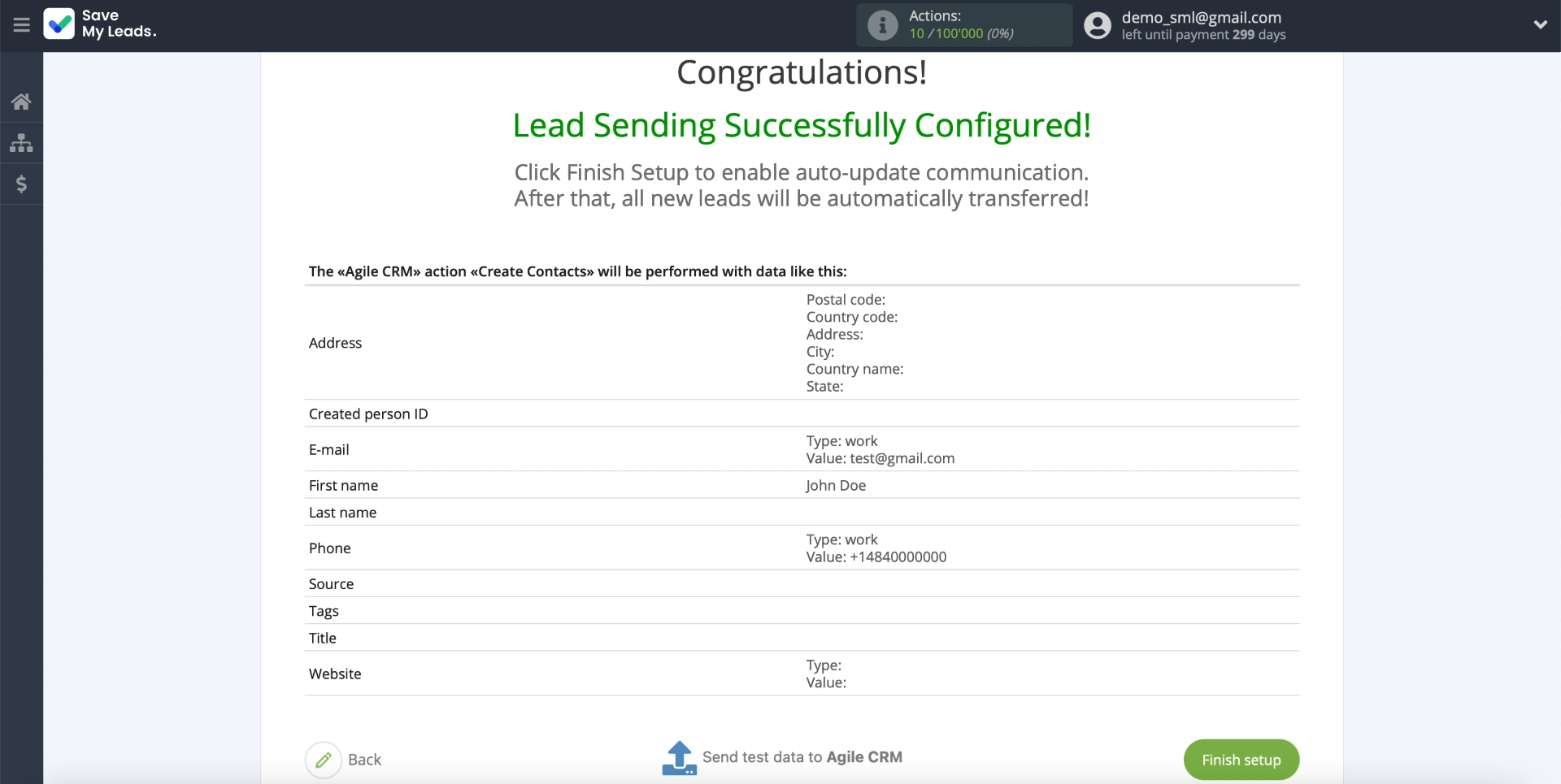 Facebook and AgileCRM integration | Sending data example Facebook and AgileCRM integration | Sending data example