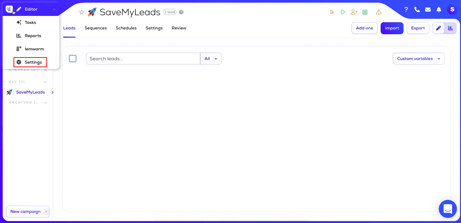 Facebook and Lemlist integration | Go to the “Settings” section in your Lemlist account Facebook and Lemlist integration | Go to the “Settings” section in your Lemlist account