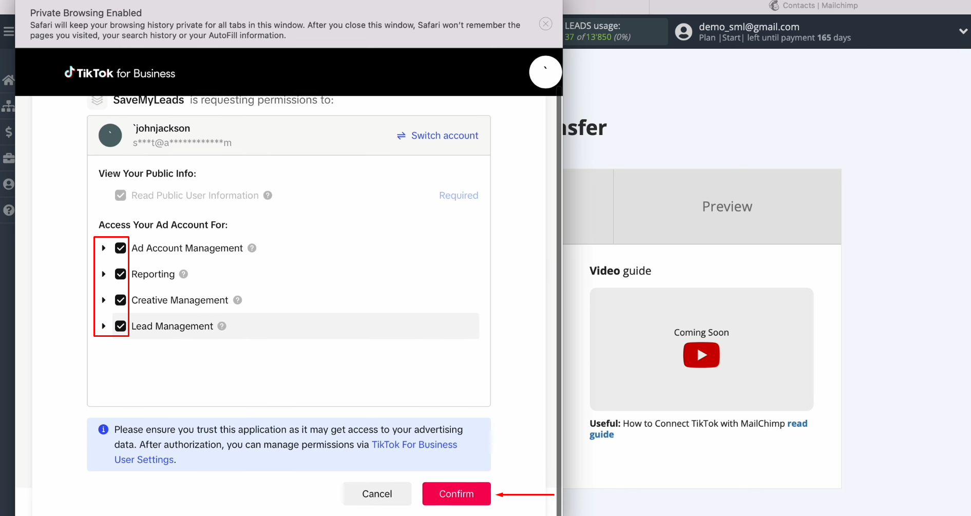 TikTok and Mailchimp integration | Give SaveMyLeads access to work with your TikTok account TikTok and Mailchimp integration | Give SaveMyLeads access to work with your TikTok account