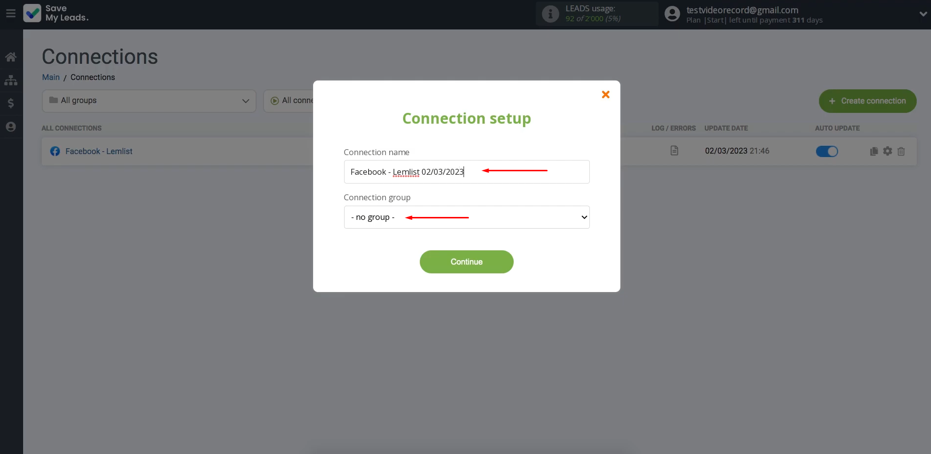 Facebook and Lemlist integration | Change the connection name and add it to a group Facebook and Lemlist integration | Change the connection name and add it to a group