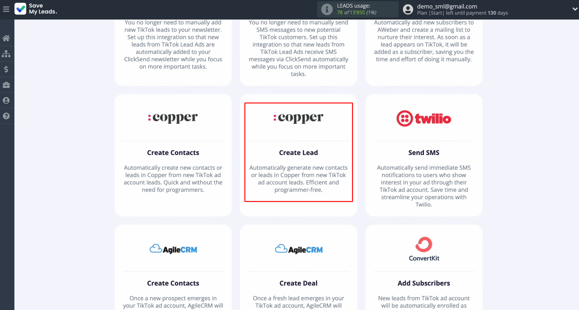 Select “Copper (Create Lead)” Select “Copper (Create Lead)”