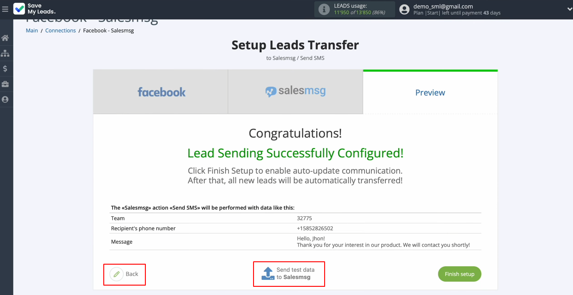 Salesmsg and Facebook integration | Click "Send test data to Salesmsg" Salesmsg and Facebook integration | Click "Send test data to Salesmsg"