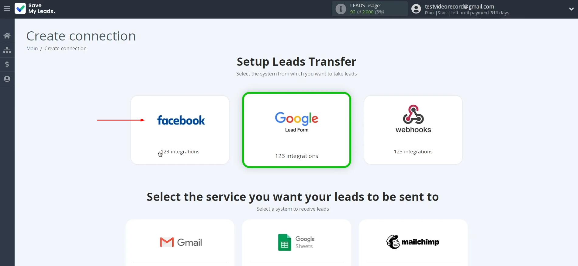 MySQL and Facebook integration | Select the data source system MySQL and Facebook integration | Select the data source system
