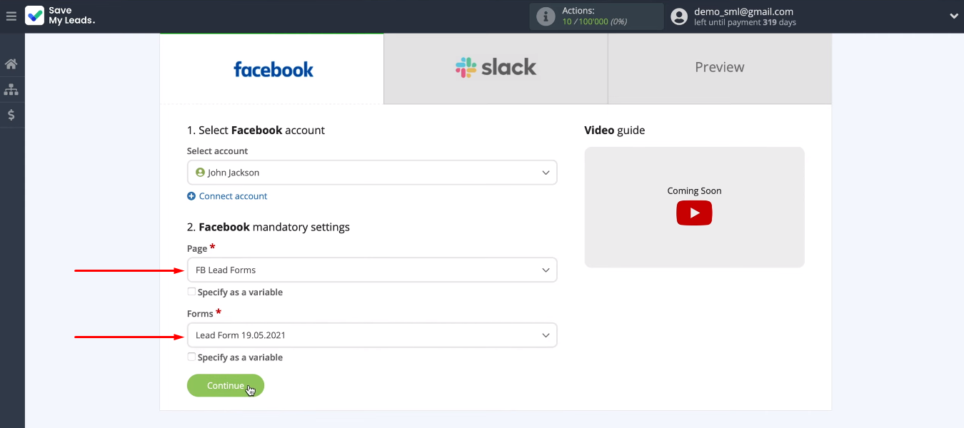 Facebook and Slack integration | Define page and form Facebook and Slack integration | Define page and form