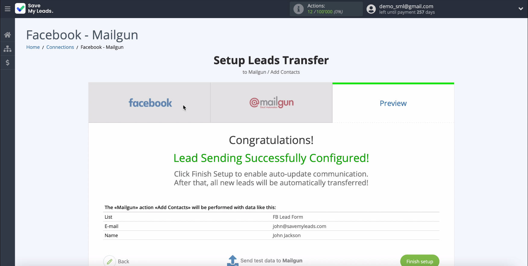 Facebook and Mailgun integration | Example of filling in data Facebook and Mailgun integration | Example of filling in data
