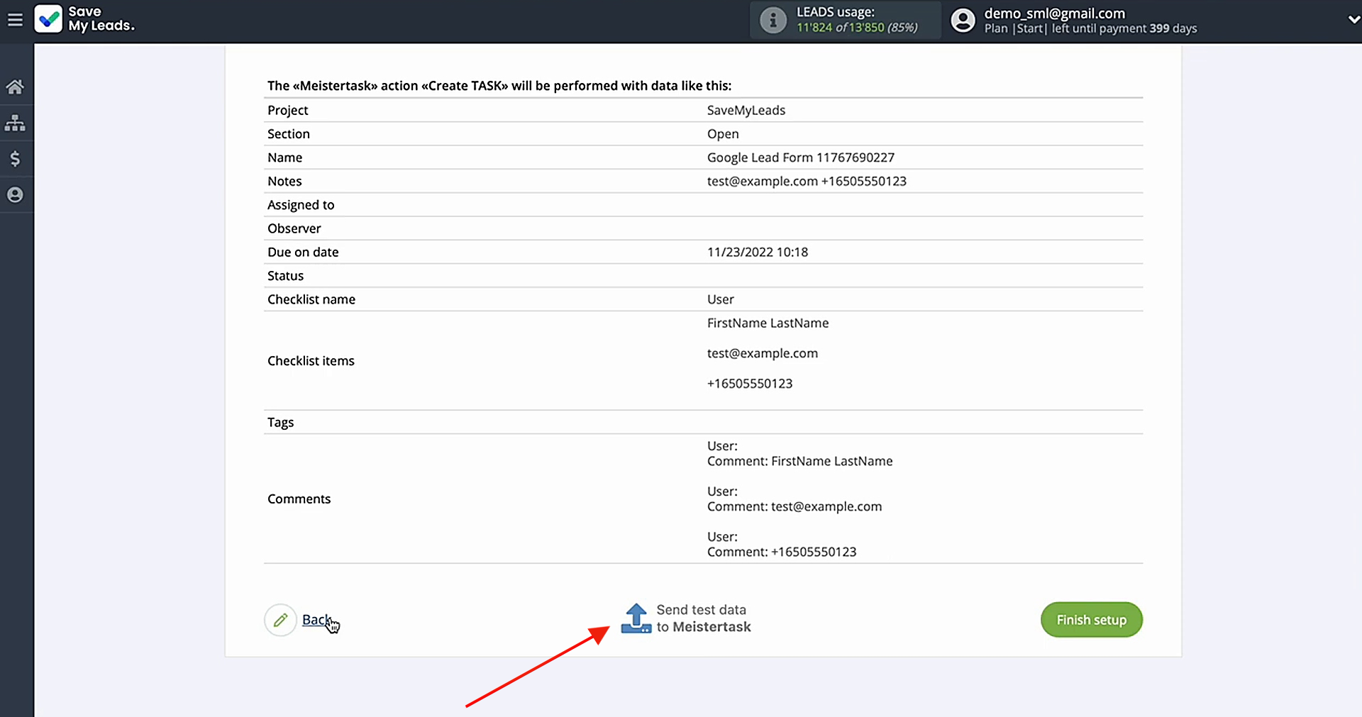 Send test data to MeisterTask Send test data to MeisterTask