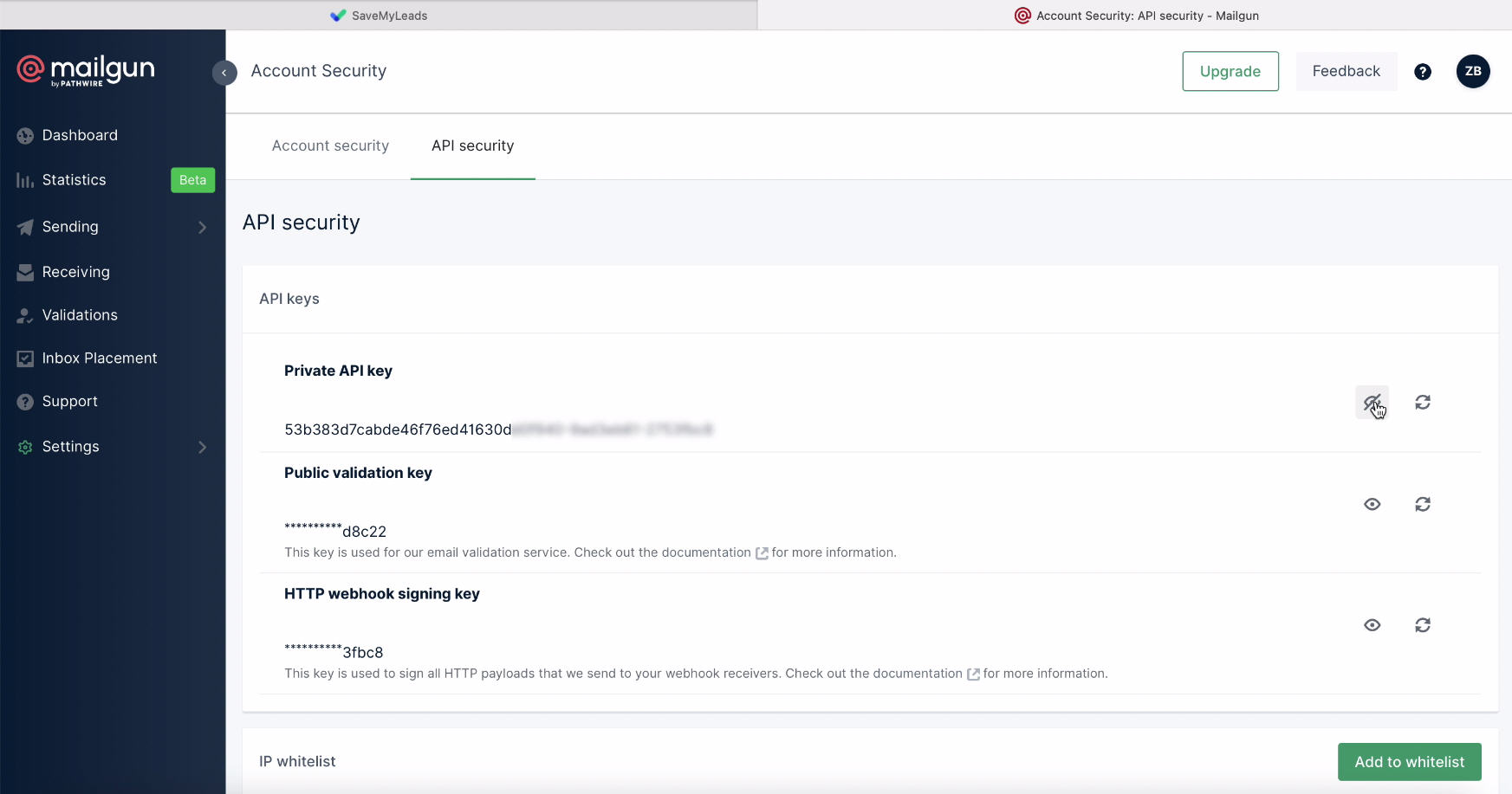  Facebook and Mailgun integration | API Key view button Facebook and Mailgun integration | API Key view button