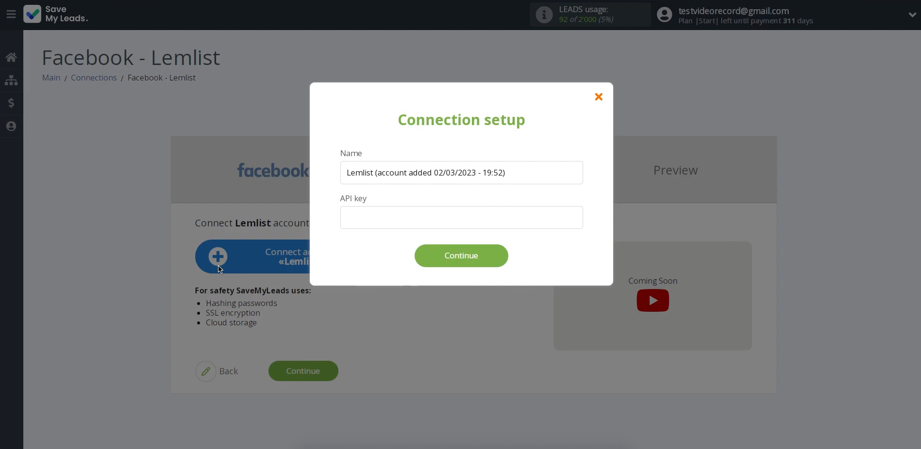 Facebook and Lemlist integration | Specify the API key Facebook and Lemlist integration | Specify the API key