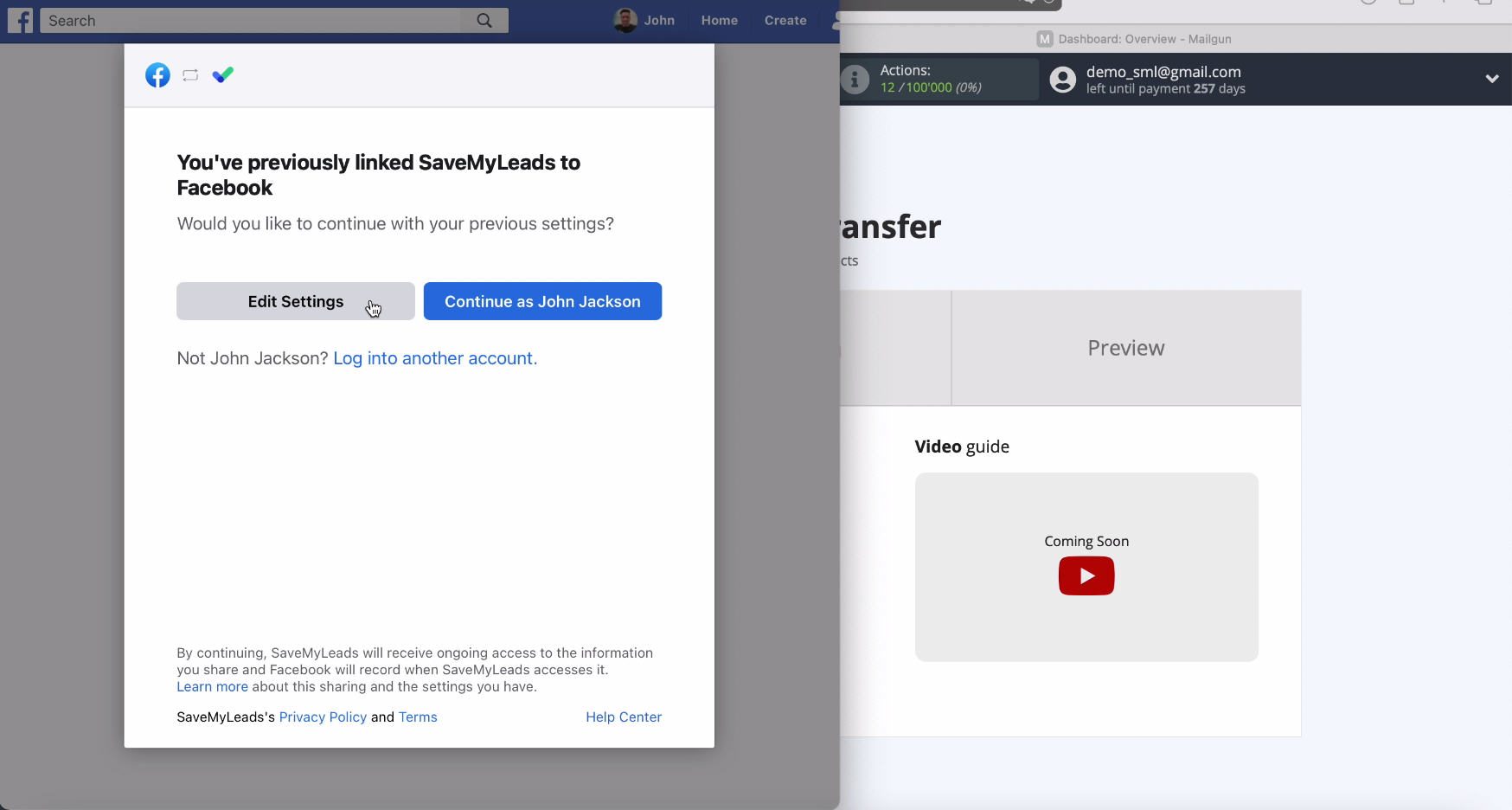 Facebook and Mailgun integration | Continue setting Facebook and Mailgun integration | Continue setting