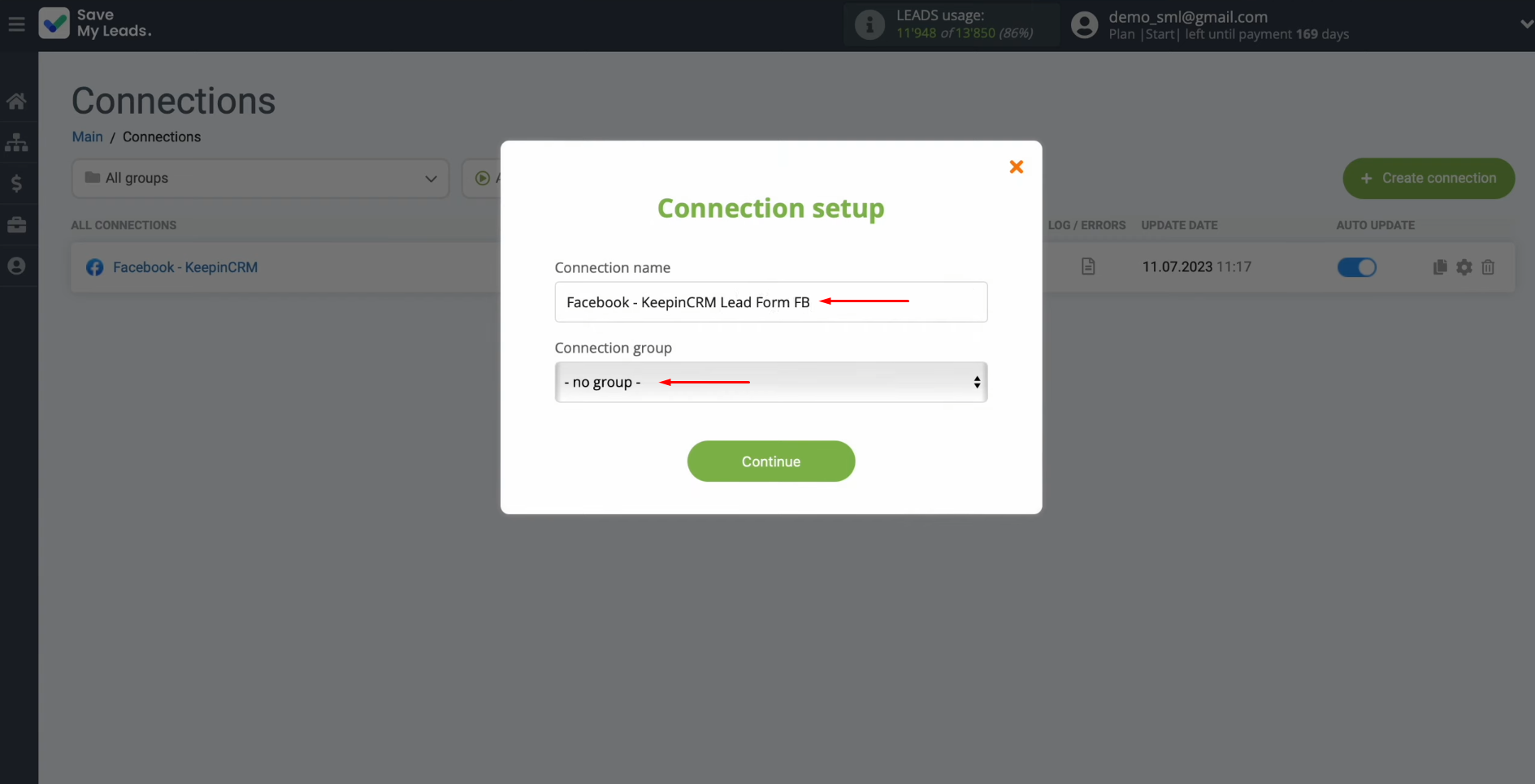 Facebook integration | Change the connection name and add it to a group Facebook integration | Change the connection name and add it to a group