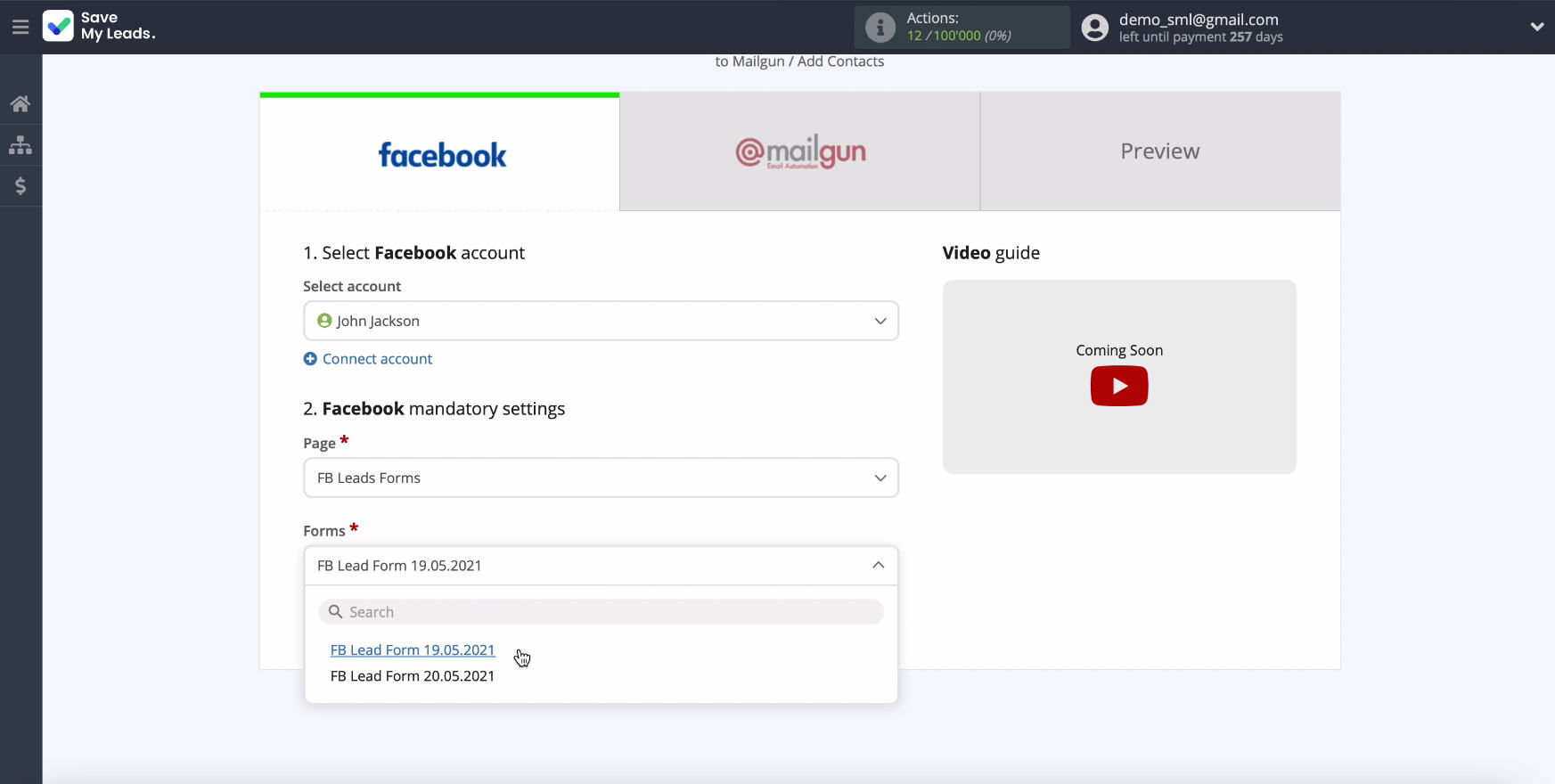 Facebook and Mailgun integration | Specify the forms Facebook and Mailgun integration | Specify the forms