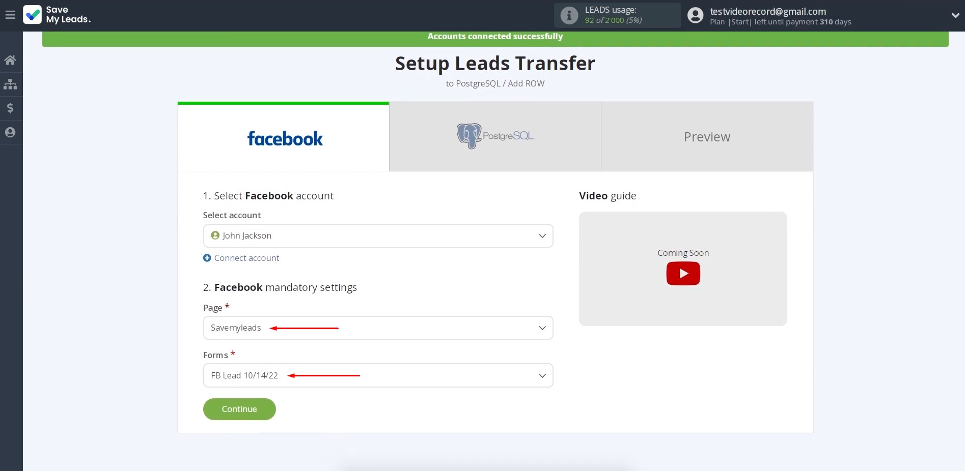 Facebook and PostgreSQL integration | Select the advertising page and specify the form Facebook and PostgreSQL integration | Select the advertising page and specify the form