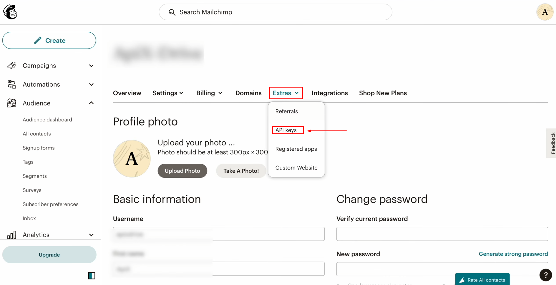 TikTok and Mailchimp integration | Go to the “Extras” section and find “API keys” here TikTok and Mailchimp integration | Go to the “Extras” section and find “API keys” here