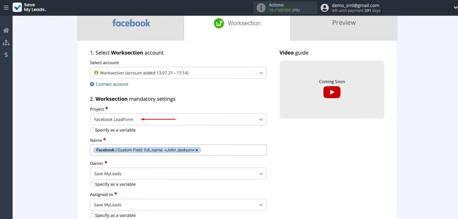 Facebook and Worksection integration | Specify the project Facebook and Worksection integration | Specify the project