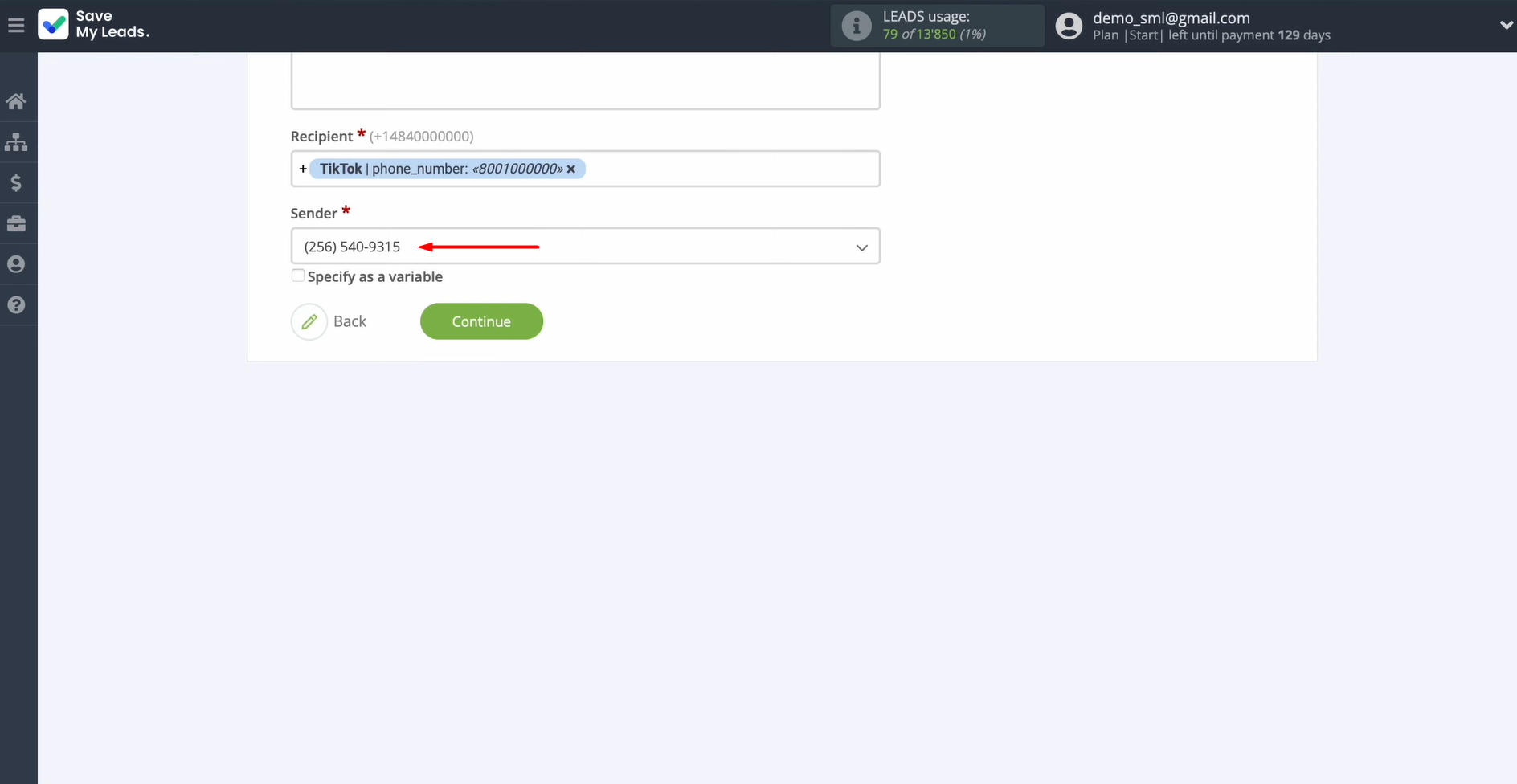 Specify the sender number