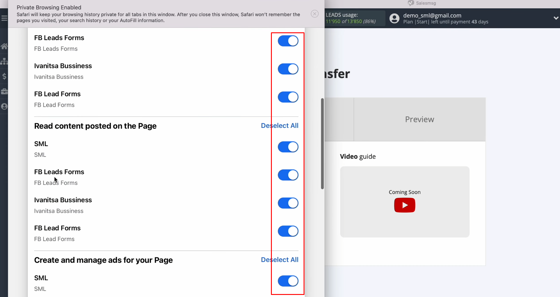 Salesmsg and Facebook integration | All access checkboxes must be left enabled Salesmsg and Facebook integration | All access checkboxes must be left enabled