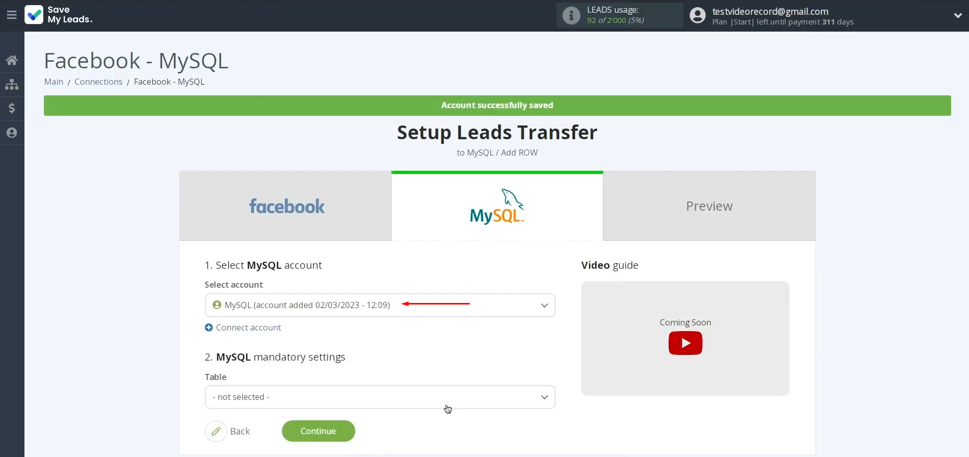 MySQL and Facebook integration | Select the newly created login MySQL and Facebook integration | Select the newly created login