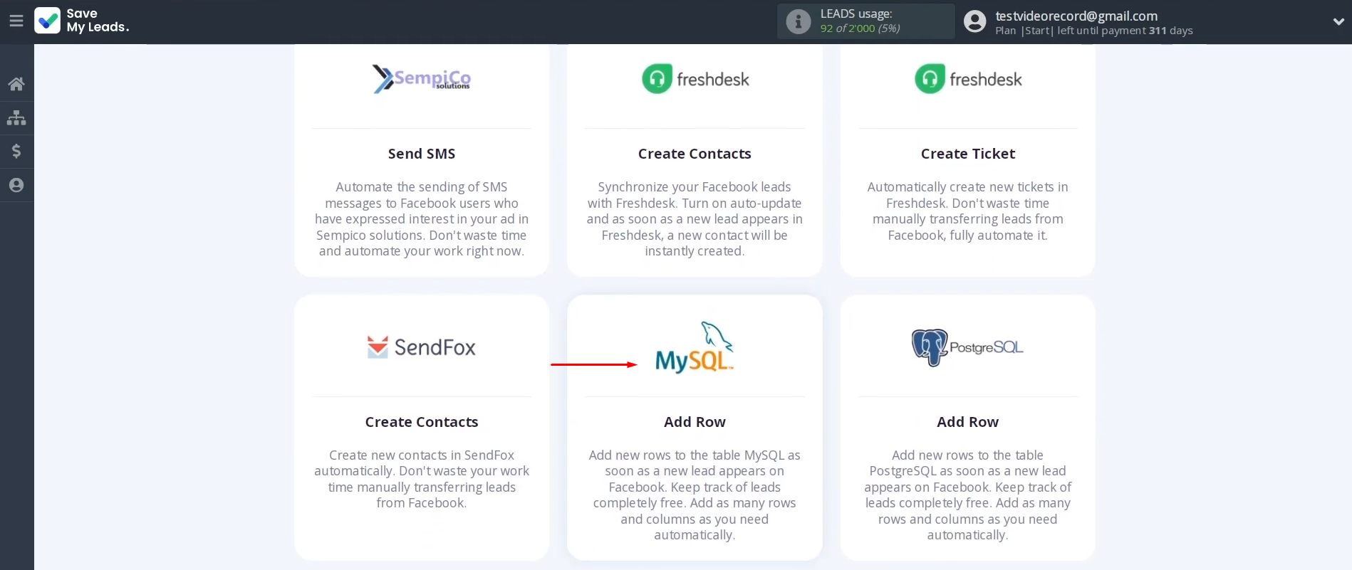 MySQL and Facebook integration | Select the template “MySQL Add Row” MySQL and Facebook integration | Select the template “MySQL Add Row”