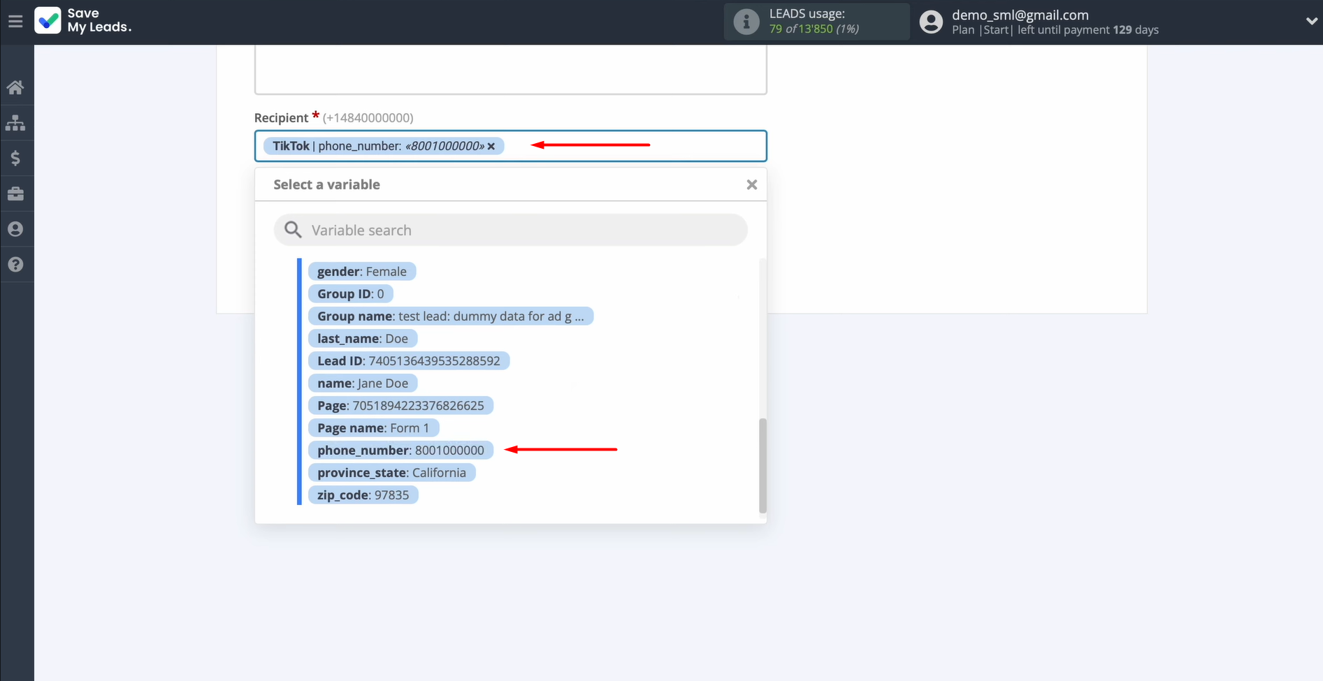 Specify the TikTok variable that contains the phone number