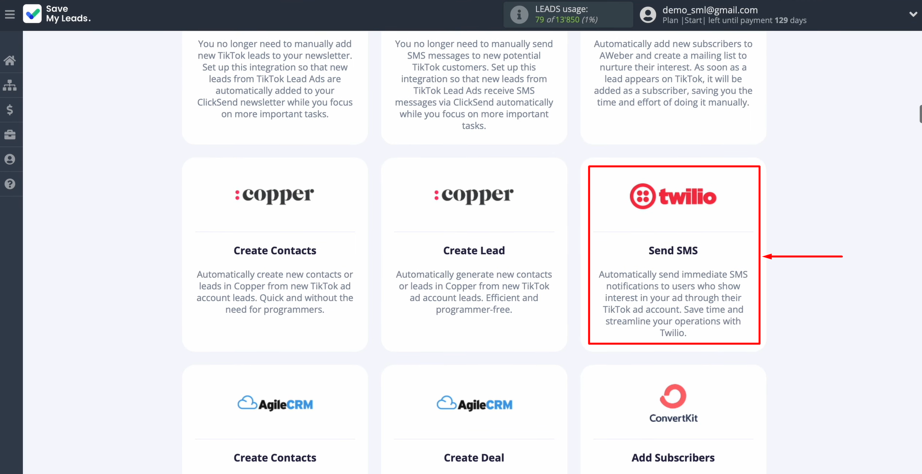 Select Twilio (Send SMS)