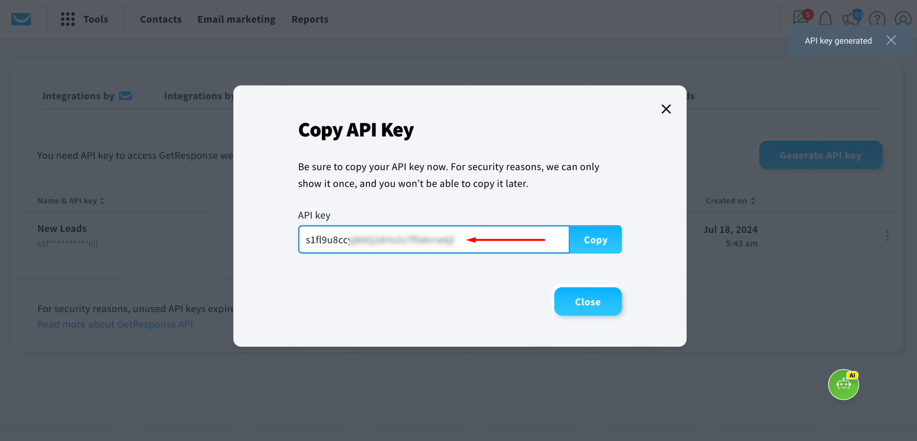 Copy the API key