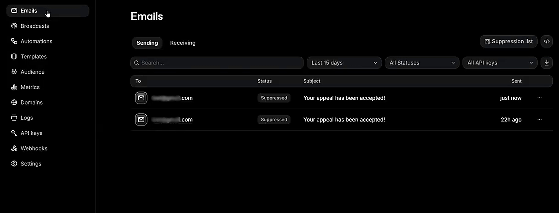 Result of the data transfer to Resend Result of the data transfer to Resend