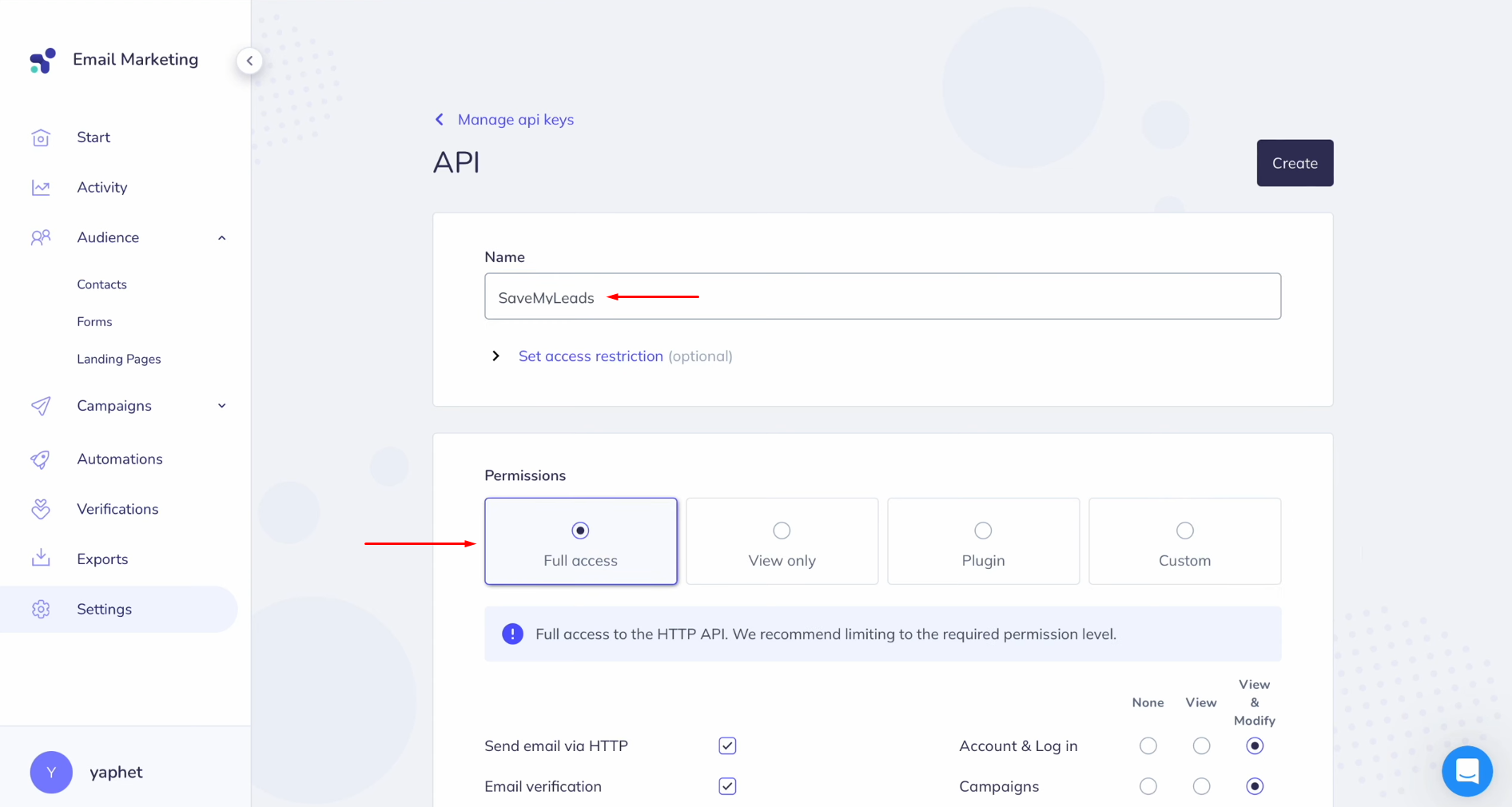 Google Lead Form and Elastic Email integration | Specify a name for the new key and provide full access Google Lead Form and Elastic Email integration | Specify a name for the new key and provide full access