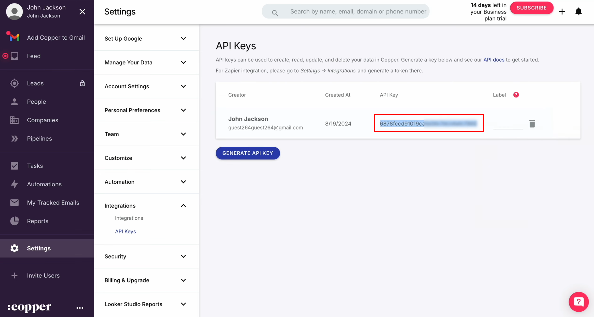 Copy the API key Copy the API key