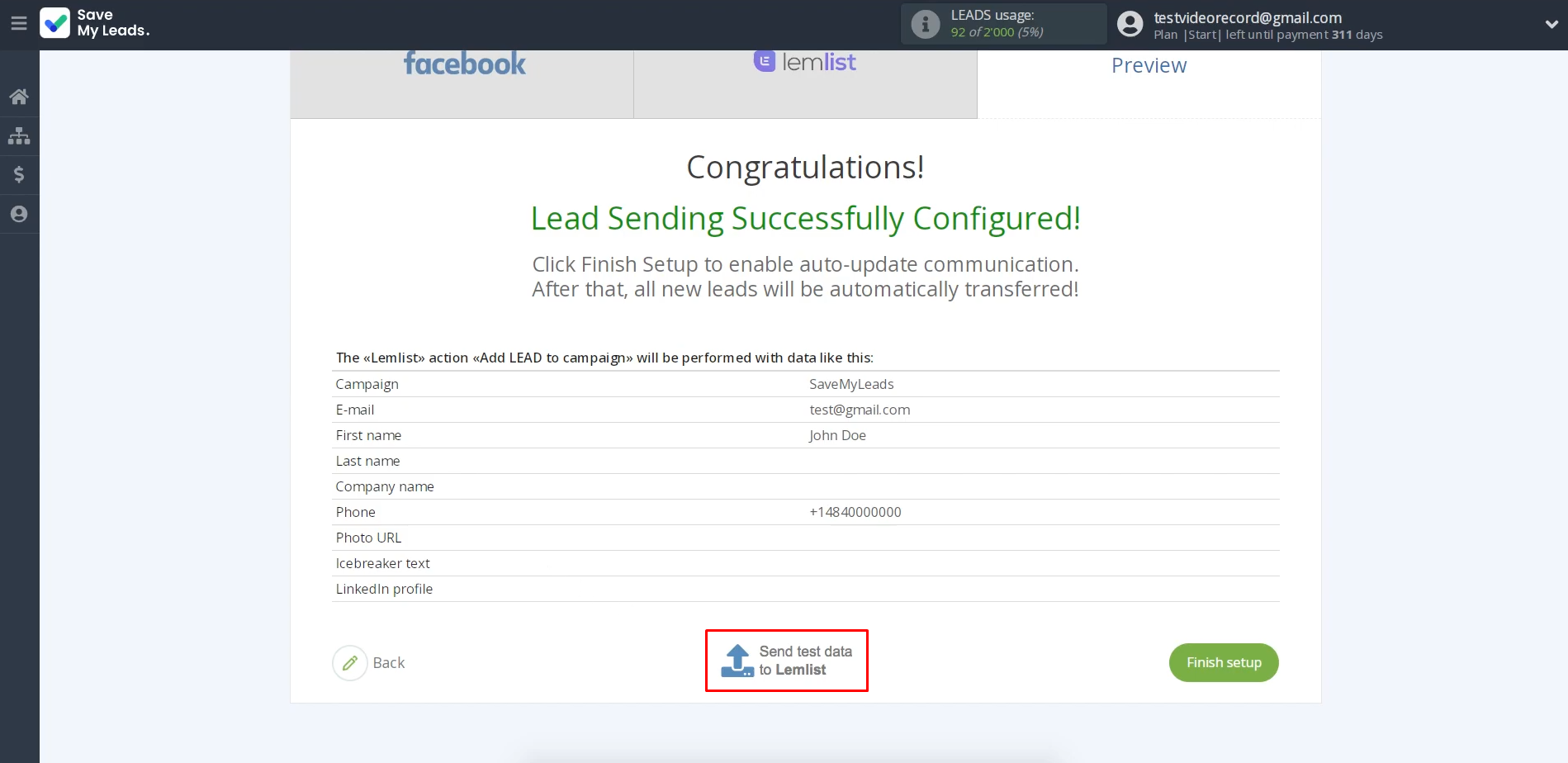 Facebook and Lemlist integration | Click “Send test data to Lemlist” Facebook and Lemlist integration | Click “Send test data to Lemlist”