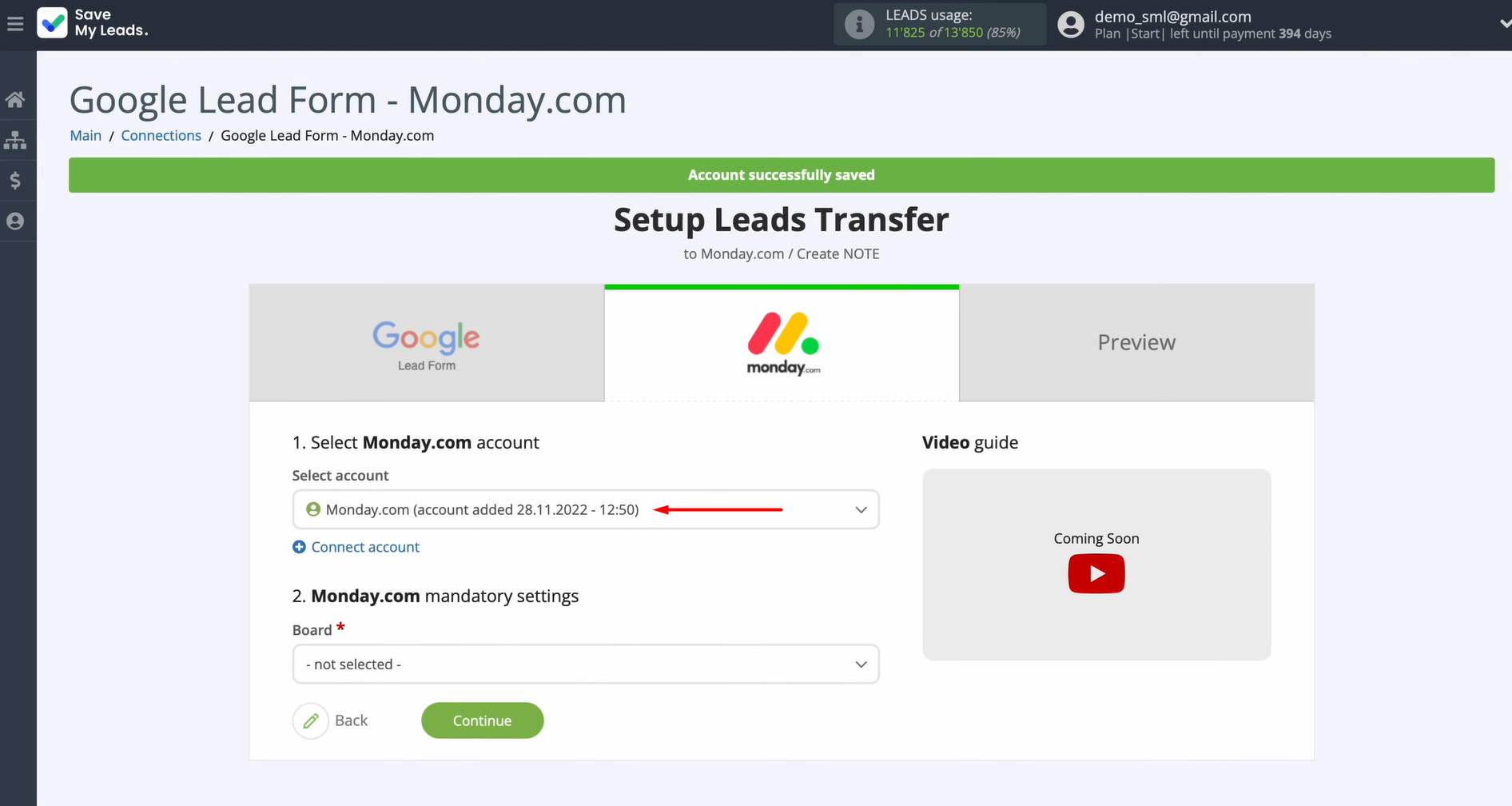Select the connected account