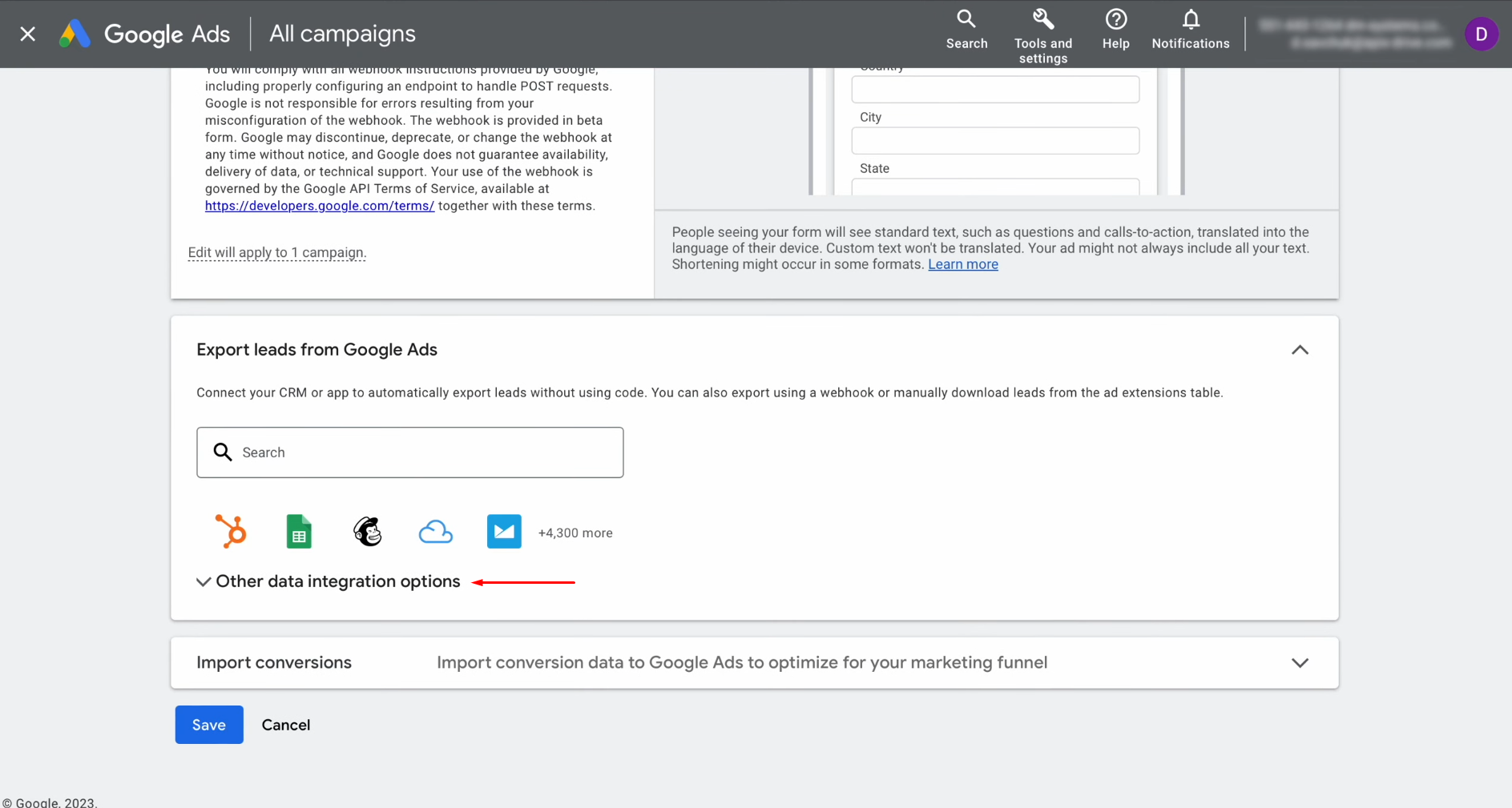 Google Lead Form and Elastic Email integration | Find the section "Other data integration options" Google Lead Form and Elastic Email integration | Find the section "Other data integration options"