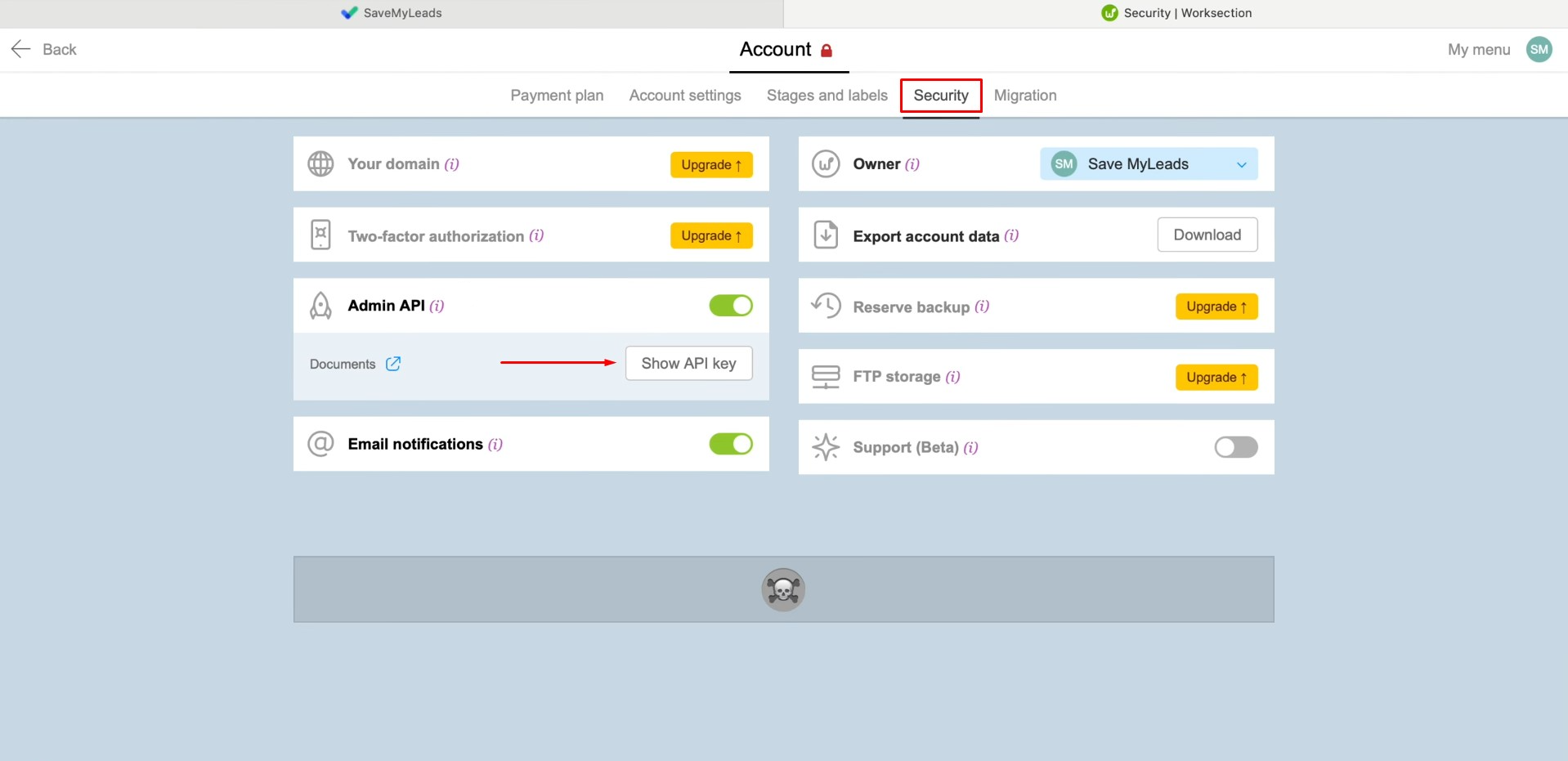 Facebook and Worksection integration | Go to the “Security” tab and click on “Show API key” Facebook and Worksection integration | Go to the “Security” tab and click on “Show API key”