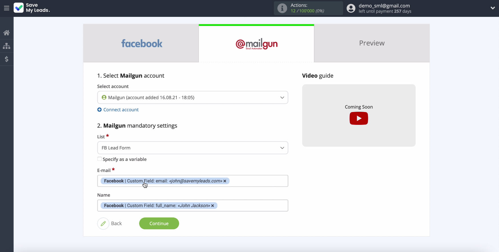Facebook and Mailgun integration | Fields for creating a contact Facebook and Mailgun integration | Fields for creating a contact