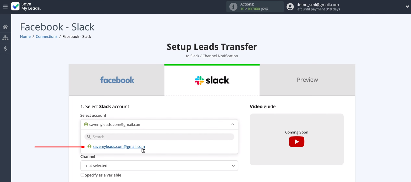 Facebook and Slack integration | Select the Slack account Facebook and Slack integration | Select the Slack account