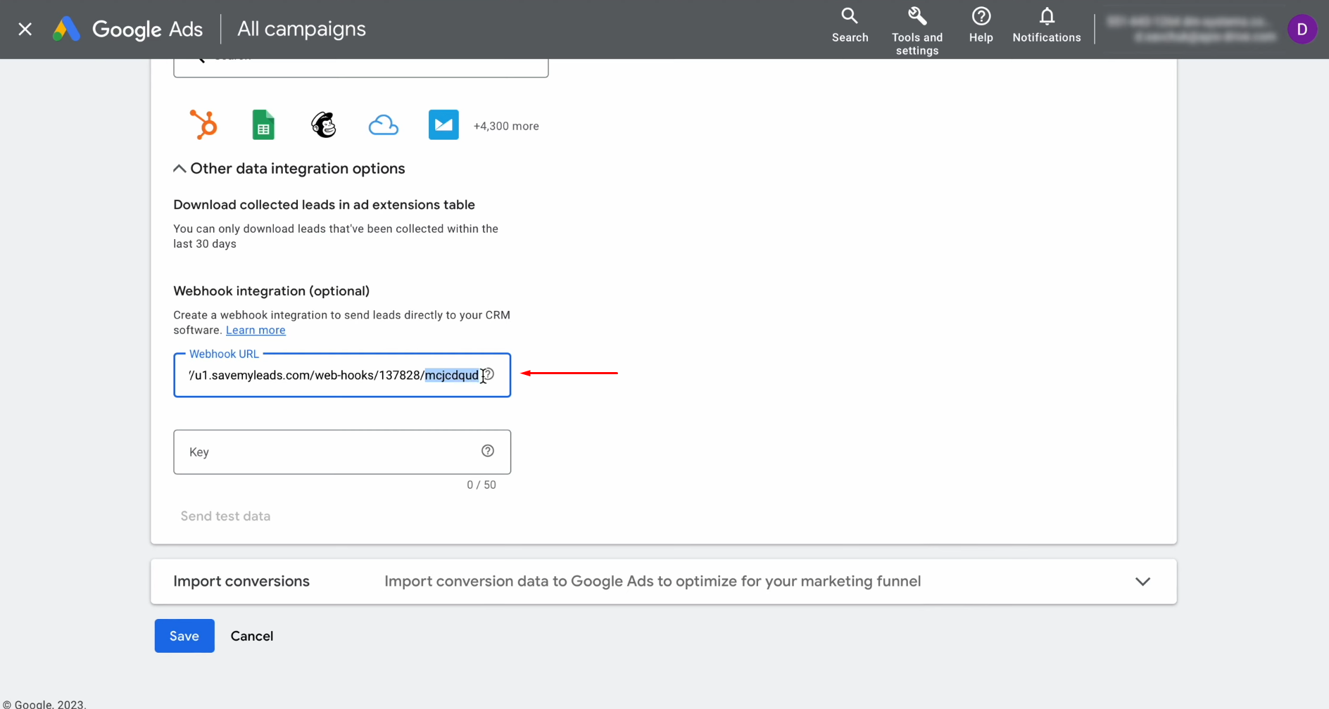 Google Lead Form and Elastic Email integration | Copy the last part of the SaveMyLeads URL Google Lead Form and Elastic Email integration | Copy the last part of the SaveMyLeads URL