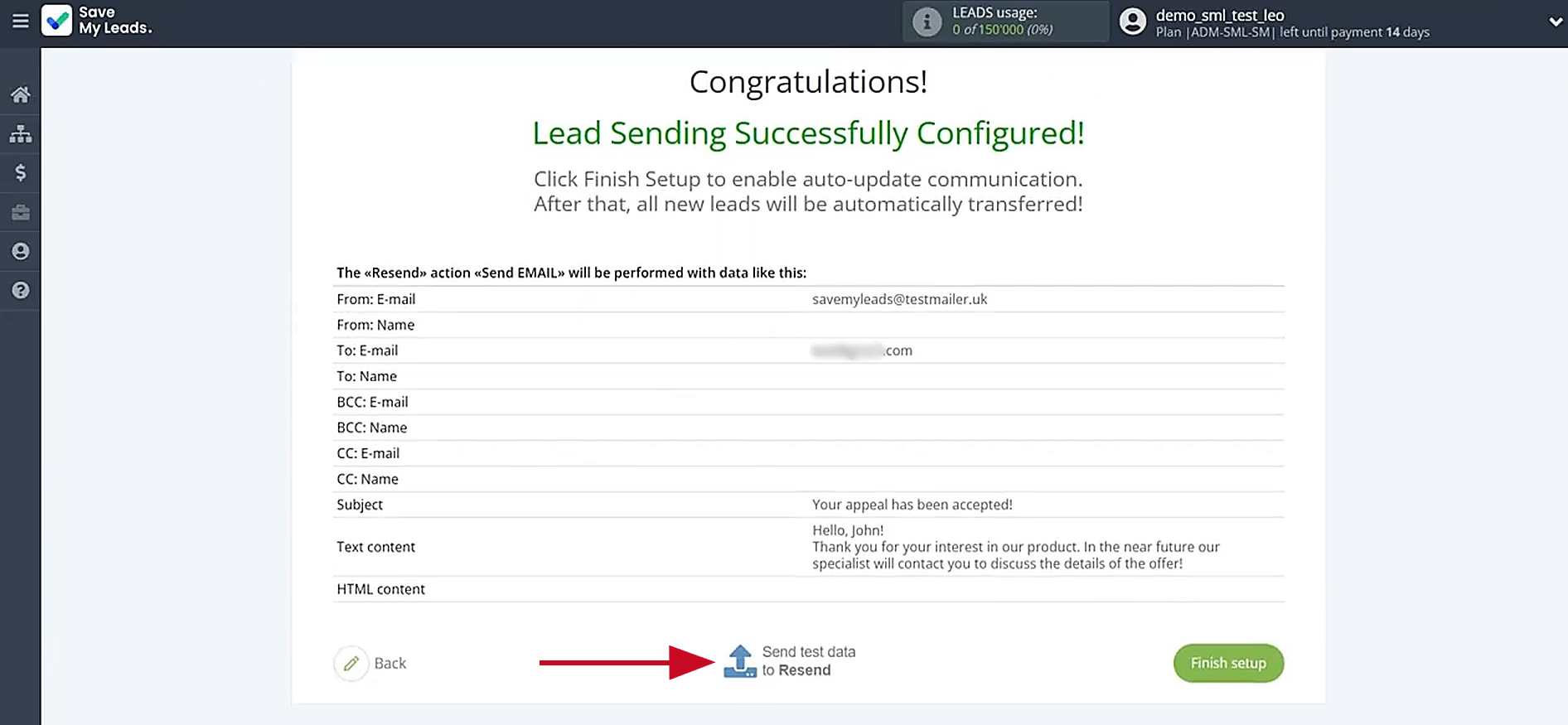 Send test data to Resend Send test data to Resend
