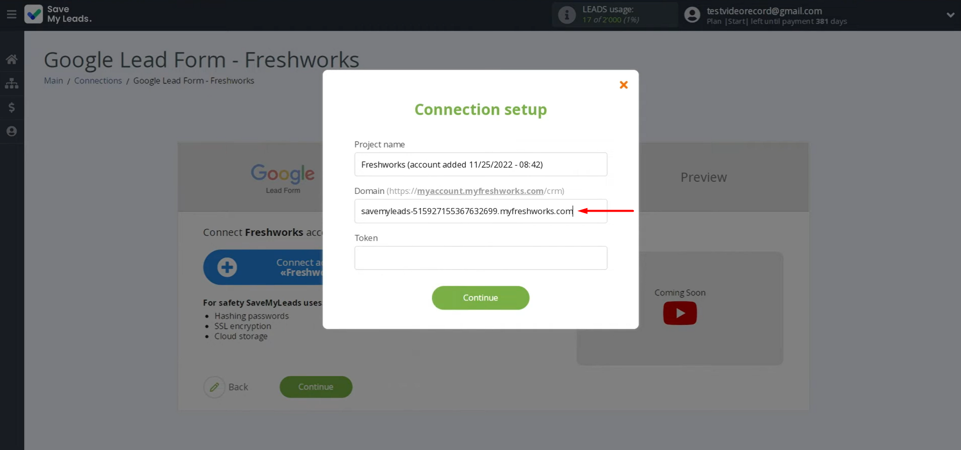 Paste the copied domain into the appropriate field
